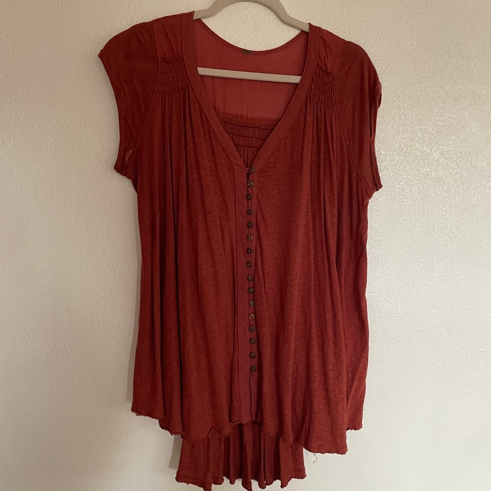 Free People Rust Orange Linen Flowy Blouse